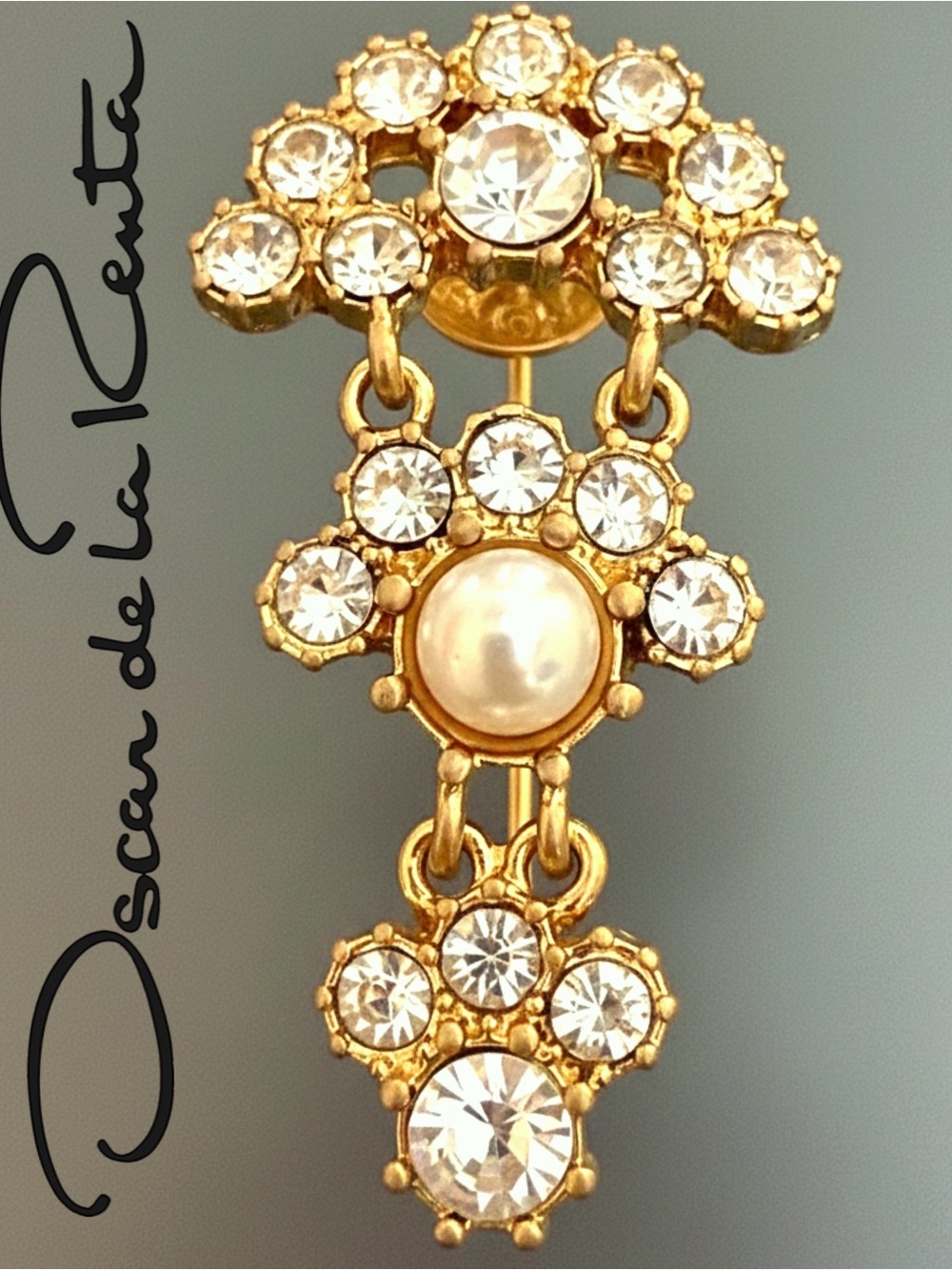 Oscar de la Renta Crystal Arch Dangle Drop Earrings ✨Pearl accent✨Post Back